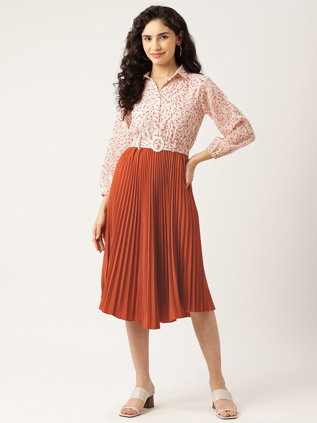 

WISSTLER Floral Print Puff Sleeves Accordion Pleated Crepe Shirt Dress with Belt, Rust