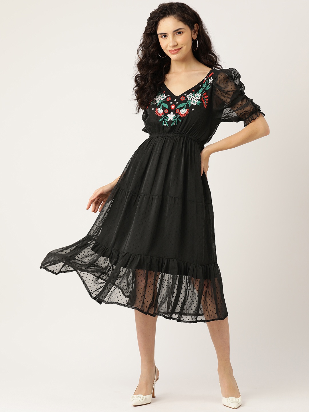 

WISSTLER Floral Embroidered Puff Sleeves Tiered Georegtte A-Line Midi Dress, Black