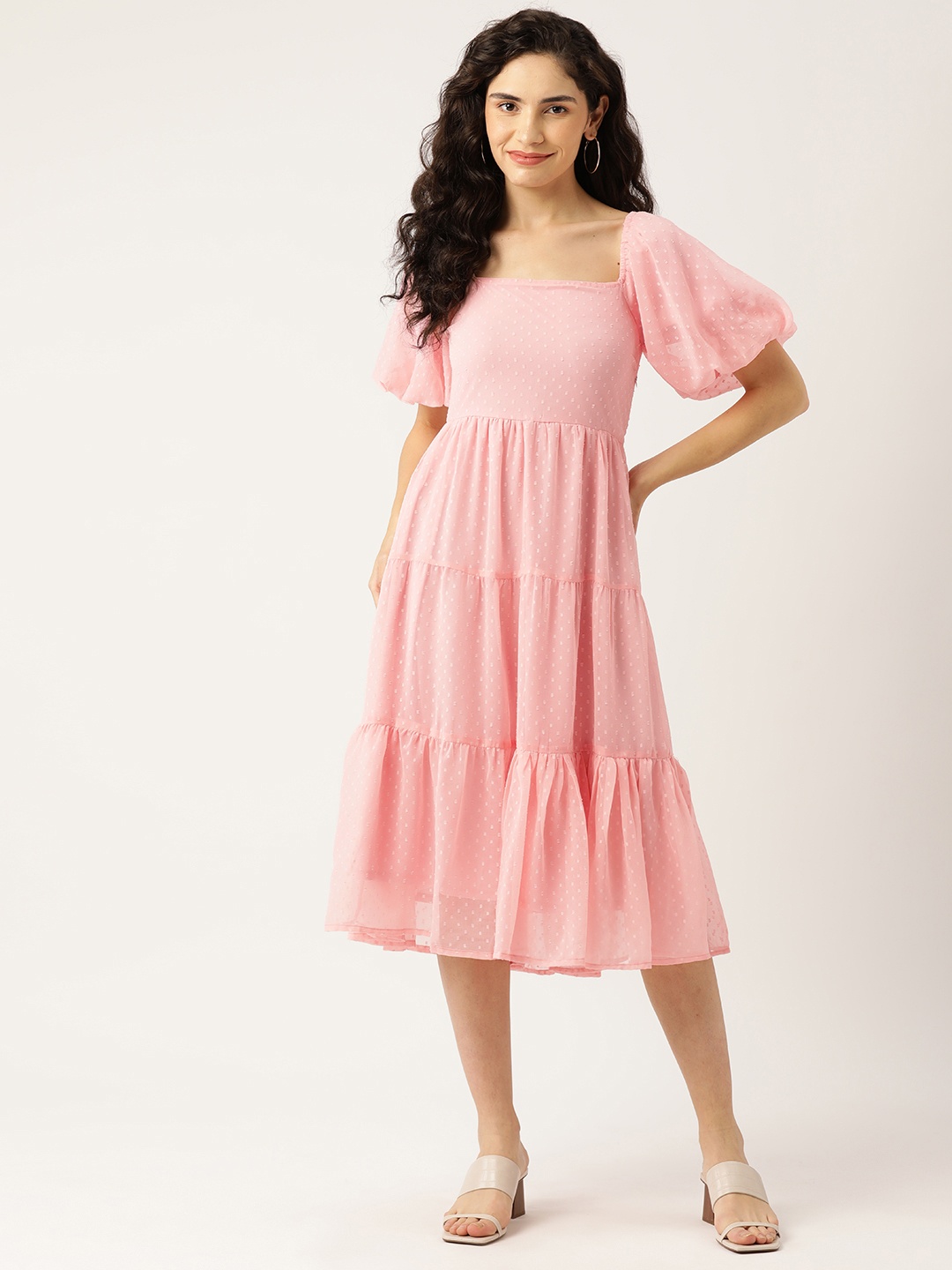 

WISSTLER Puff Sleeves Square Neck Smocked Tiered Georgette Midi Dress, Peach