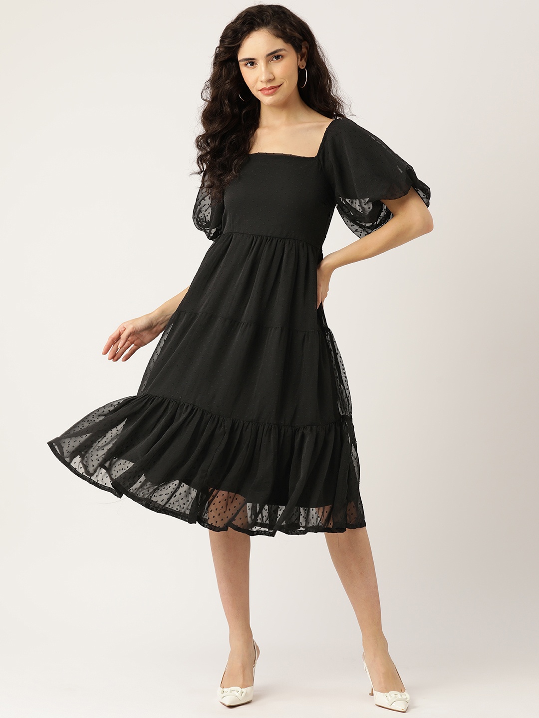 

WISSTLER Puff Sleeves Square Neck Smocked Tiered Georgette Midi Dress, Black