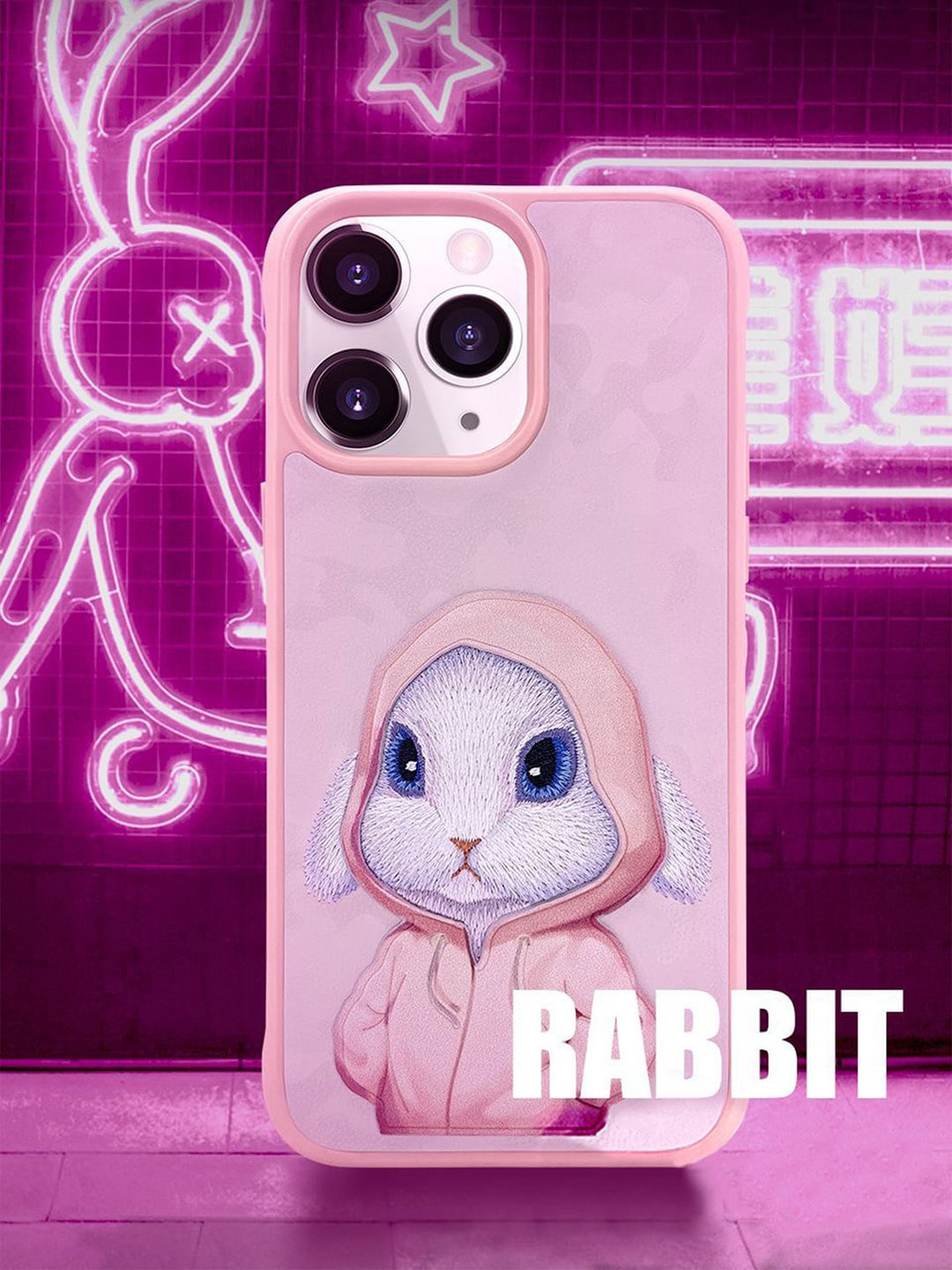 

TREEMODA 3D Embroidery Leather little rabbit Back Case Cover for iPhone 14 Pro, Pink