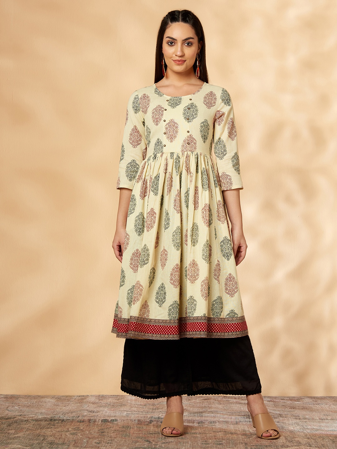 

IMARA Ethnic Motifs Printed A-Line Kurta, Pink