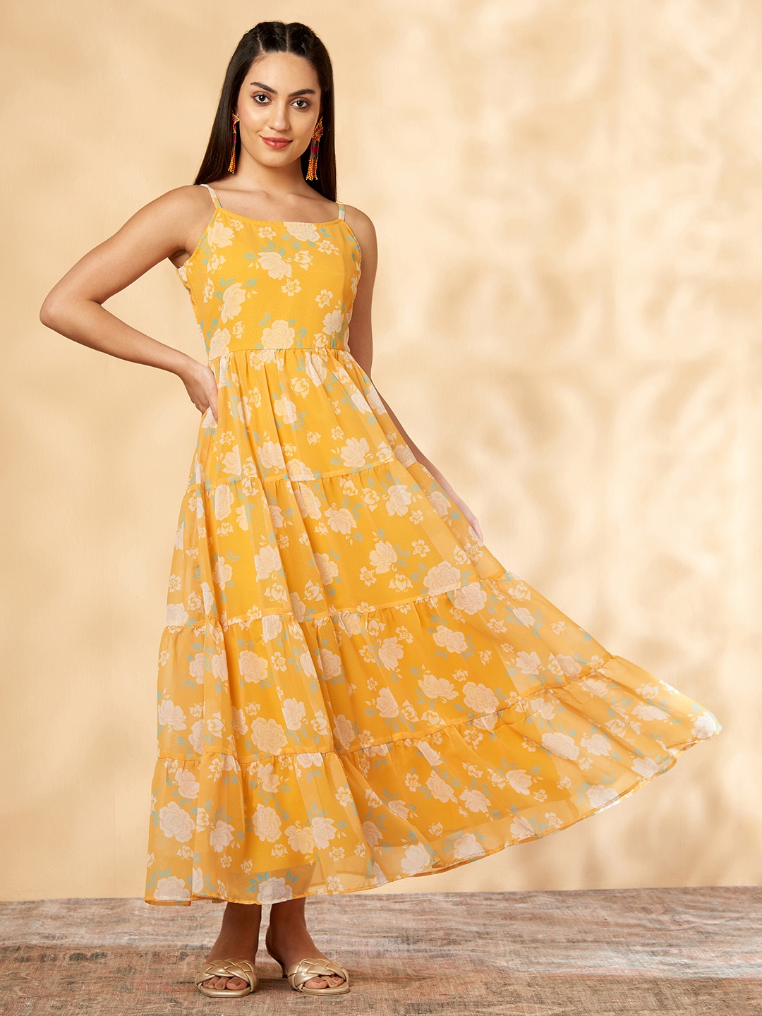 

IMARA Floral Printed Gathered Maxi Dress, Yellow