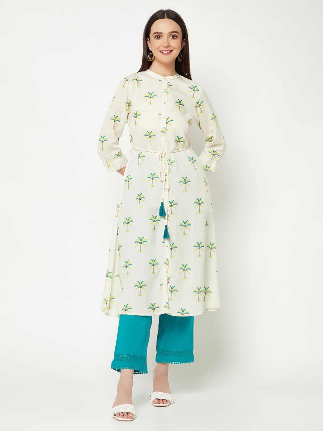 

IMARA Floral Printed Roll-Up Sleeves A-Line Dress, Off white