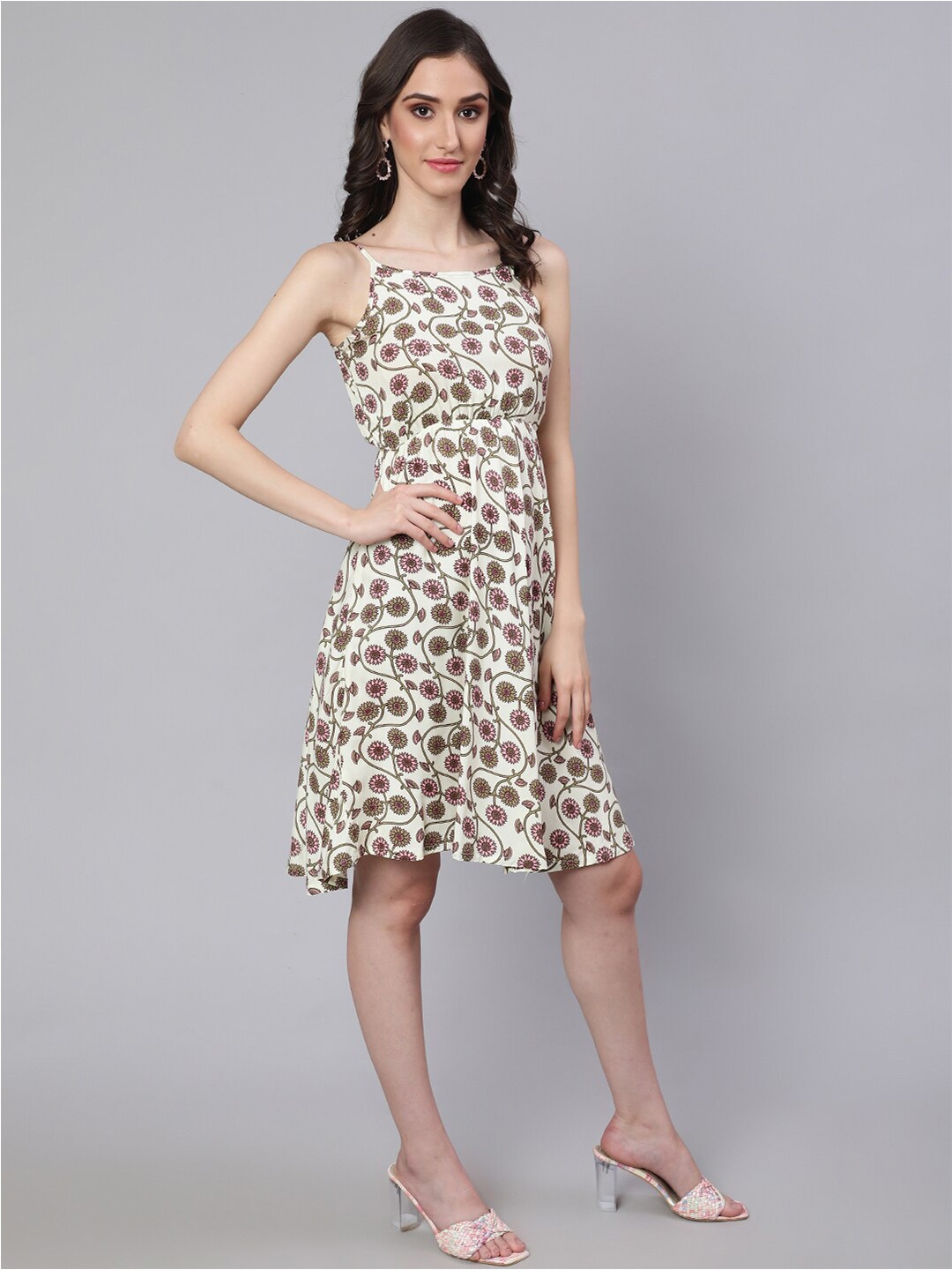 

DAEVISH Floral Printed Shoulder Straps A-Line Dress, Off white