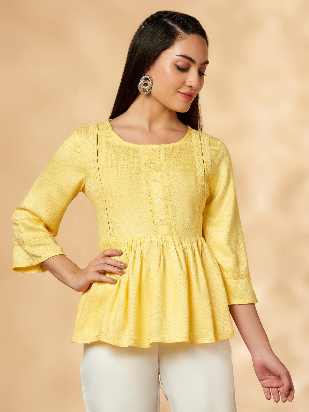 

IMARA Woven Design Round Neck Lace Inserted A-Line Top, Yellow