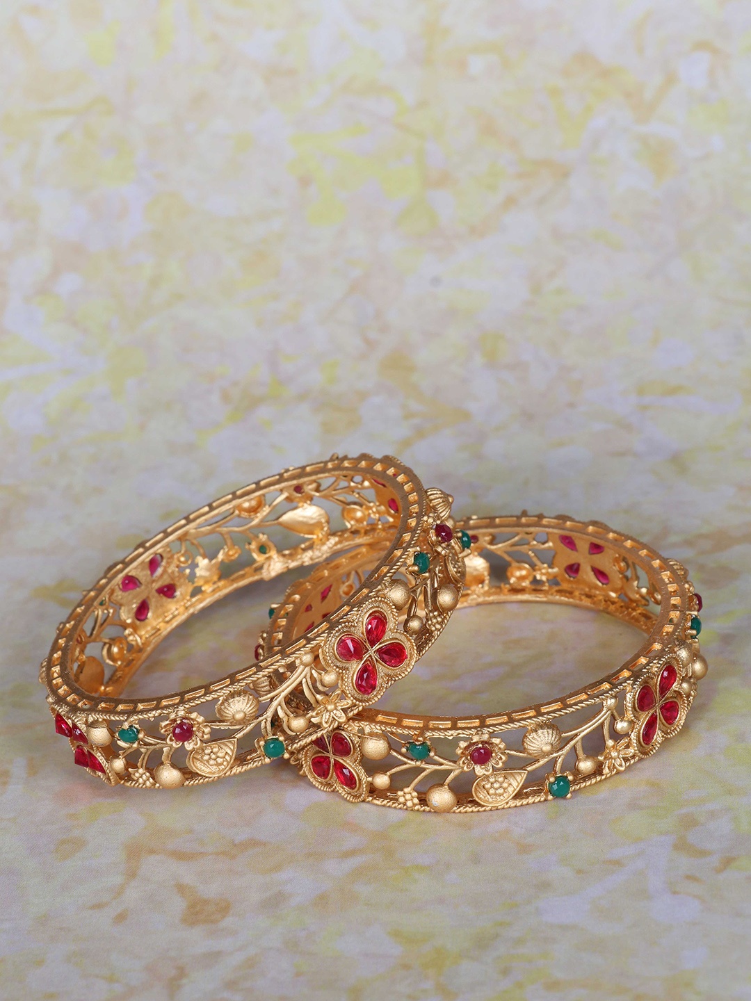 

LAFORWORD Set Of 2 Gold-Plated Stone Studded Bangle