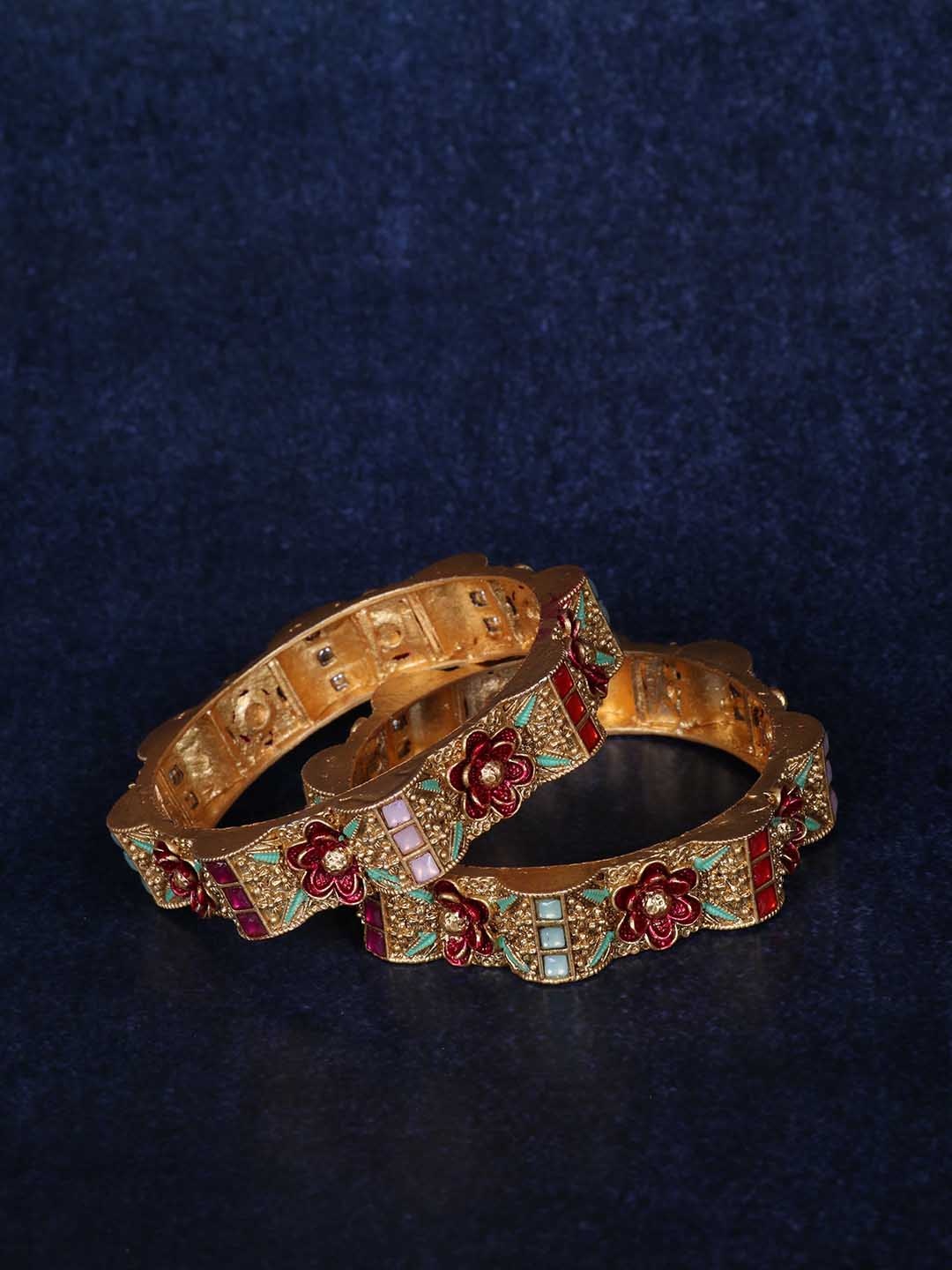 

LAFORWORD Set Of 2 Gold-Plated Stone-Studded Bangles