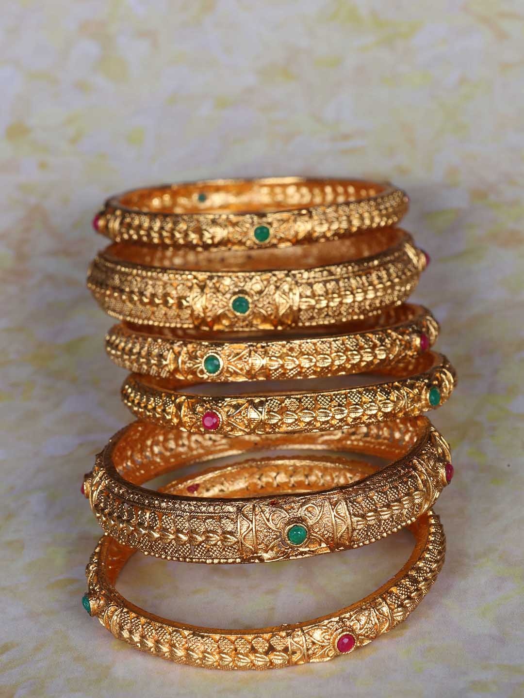 

LAFORWORD Set Of 6 Gold-Plated Stone-Studded Bangles