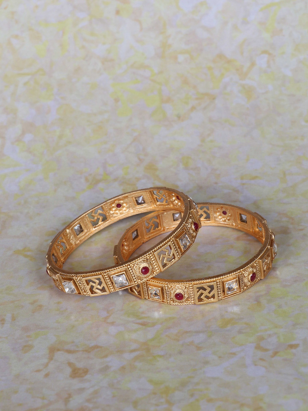 

LAFORWORD Set Of 2 Gold-Plated Stone-Studded Bangles