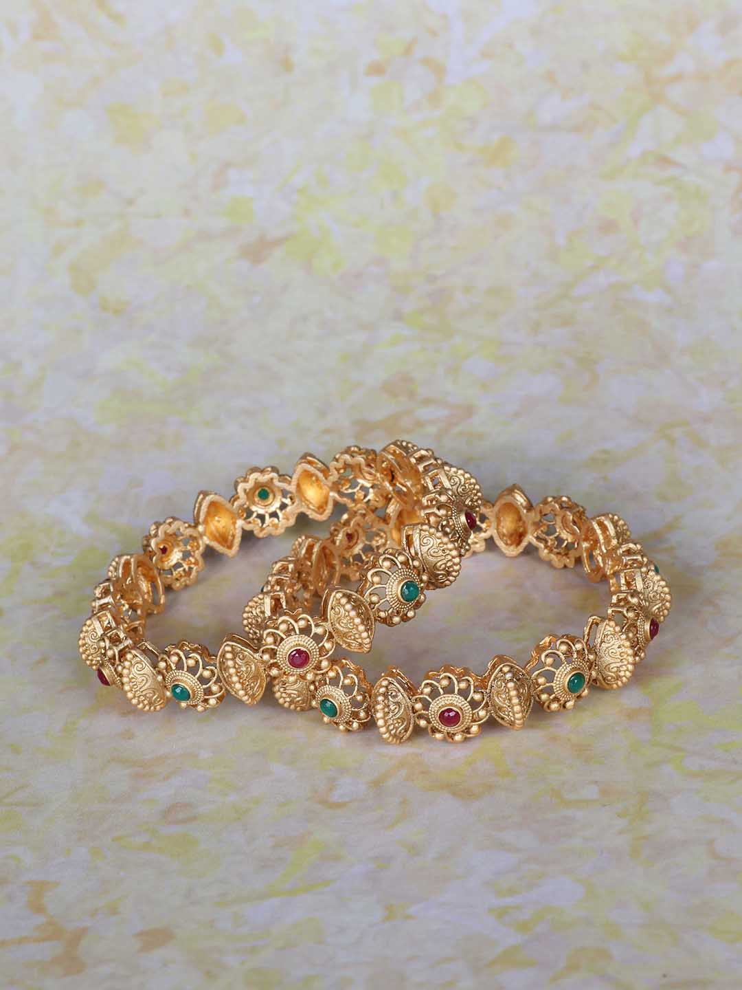 

LAFORWORD Set Of 2 Gold-Plated Stone-Studded Bangle