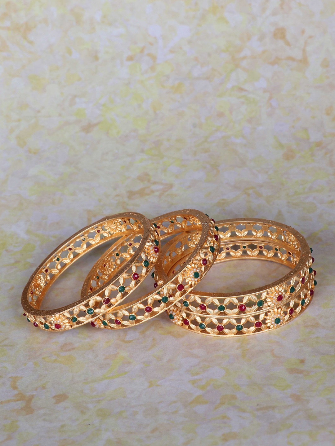 

LAFORWORD Set Of 4 Gold-Plated Stone Studded Bangles