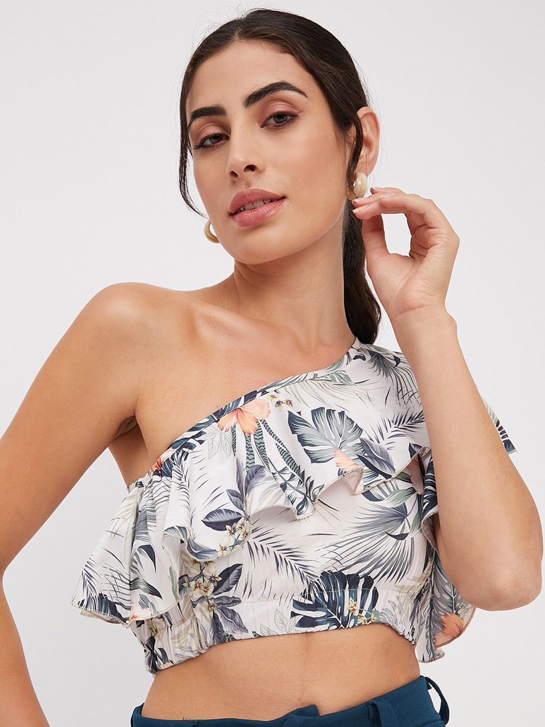

BRINNS Tropical Printed One Shoulder Flared Sleeves Crop Top, White