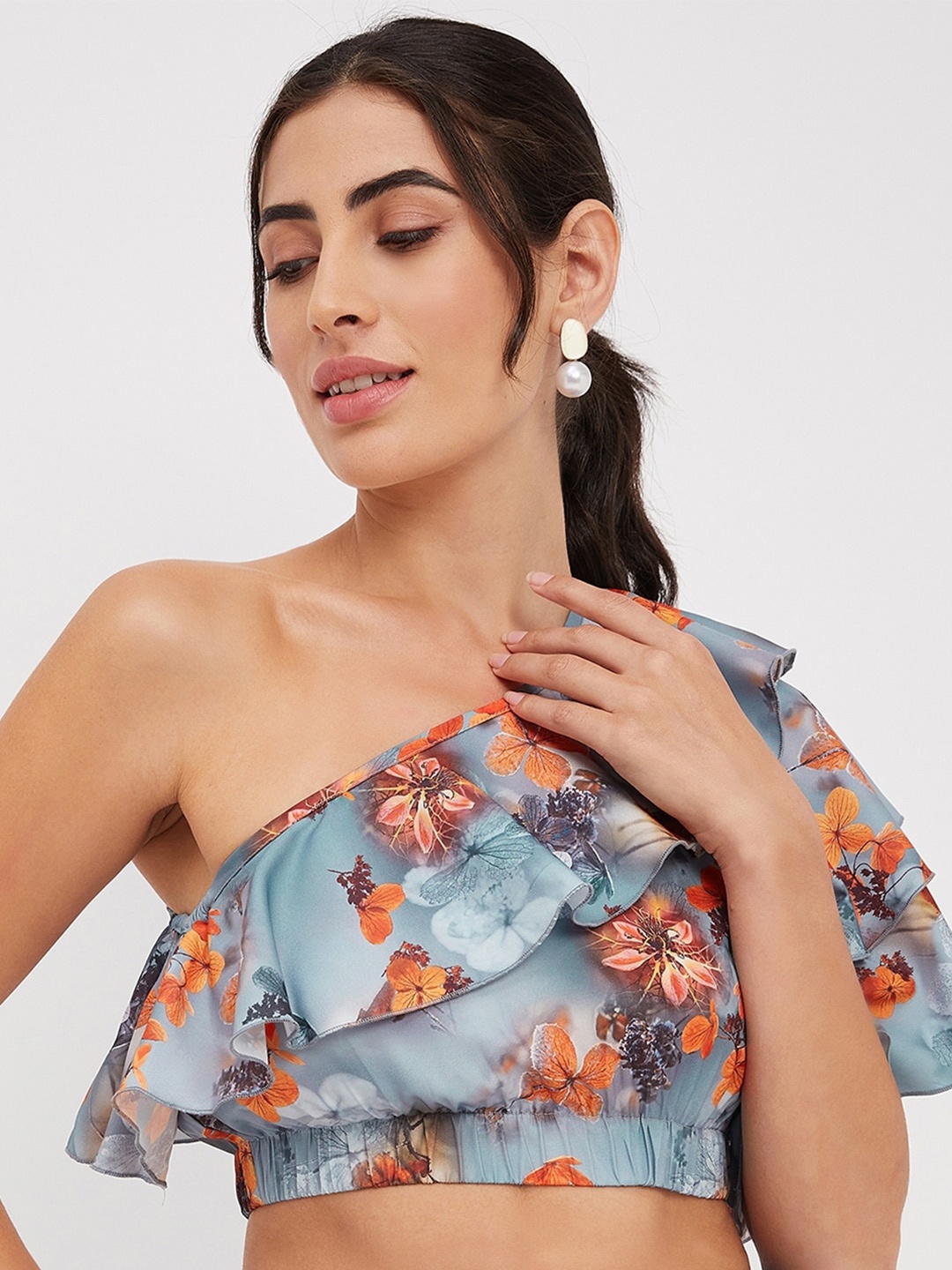 

BRINNS Floral Printed One Shoulder Ruffles Regular Crop Top, Grey