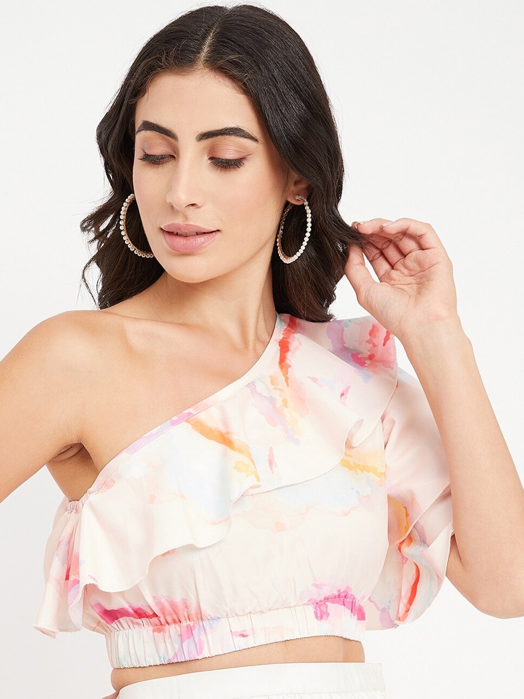 

BRINNS Abstract Printed One Shoulder Flared Sleeves Crop Top, White