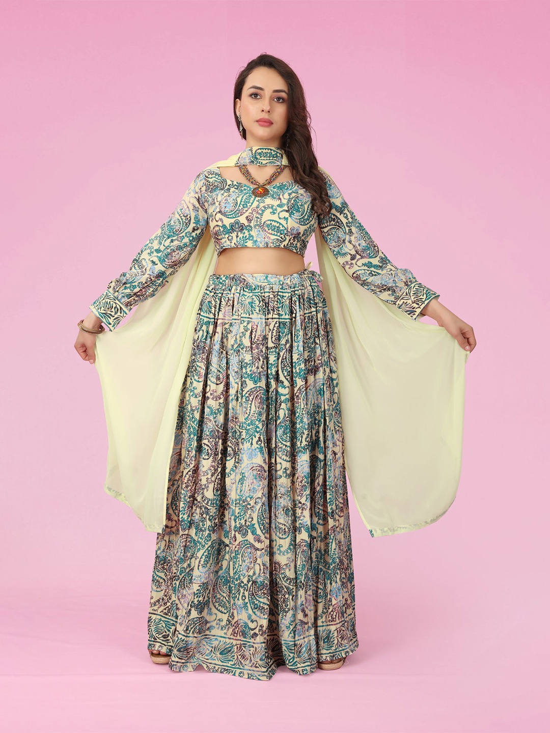 

KALINI Ethnic Motifs Printed Ready to Wear Lehenga & Blouse With Dupatta, Cream