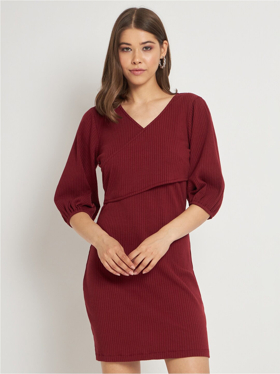 

CUFFS N LASHES V-Neck Puff Sleeves Sheath Dress, Maroon