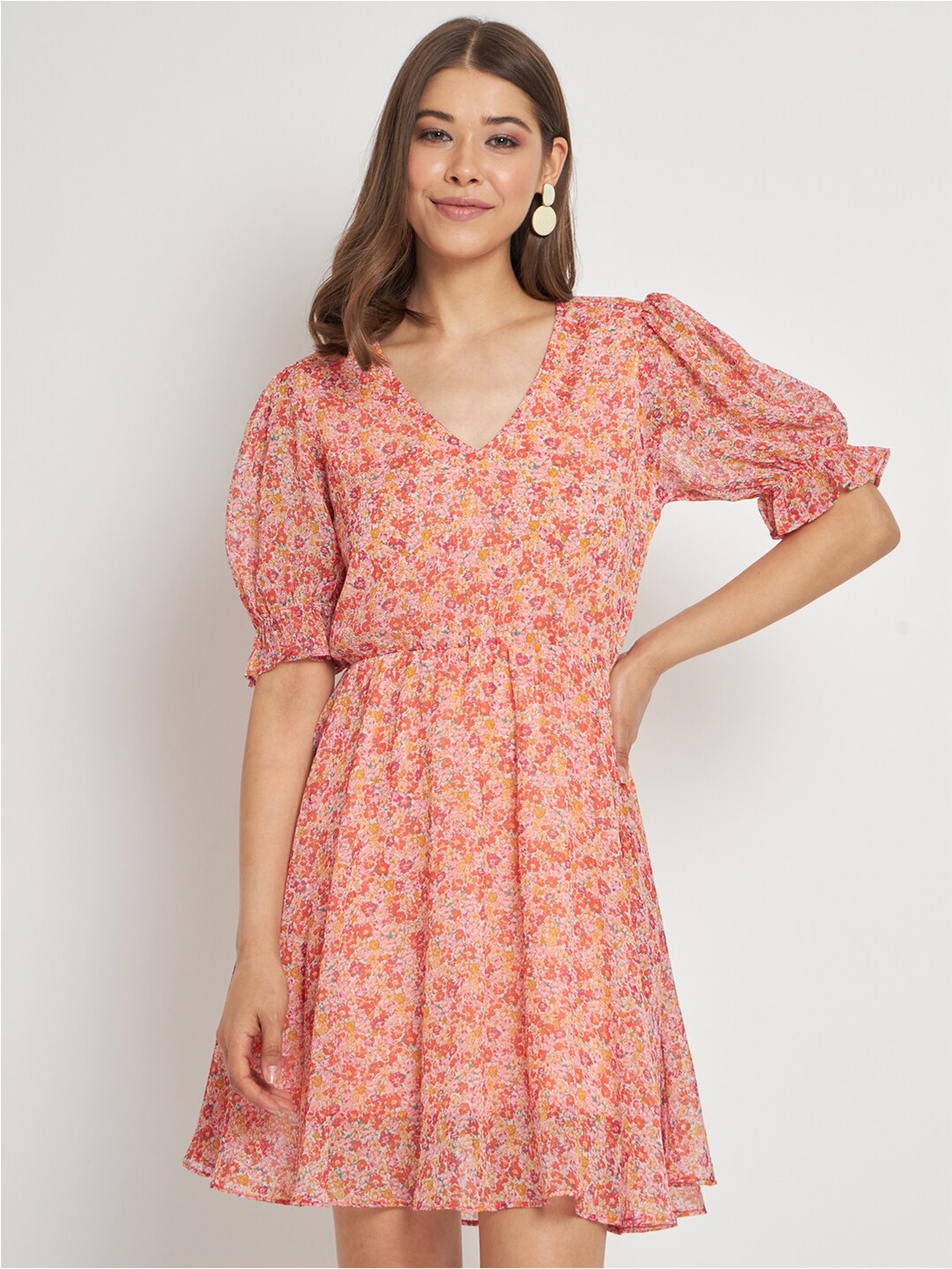 

CUFFS N LASHES Floral Printed Puff Sleeve Fit & Flare Dress, Orange
