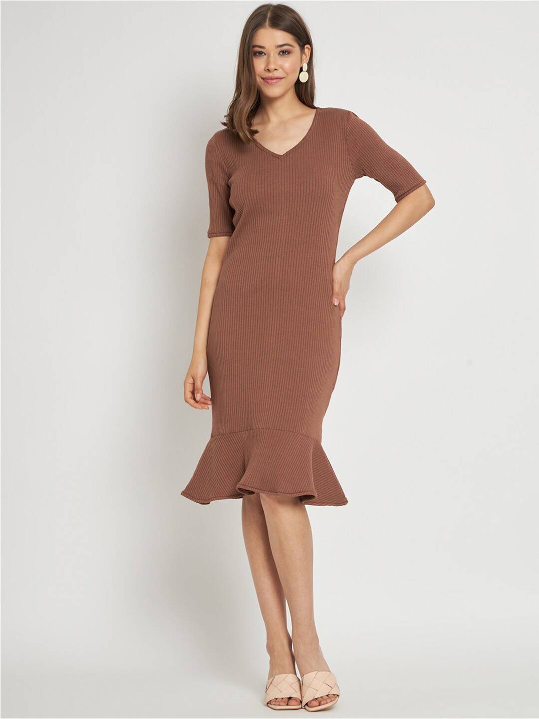 

CUFFS N LASHES V-Neck Sheath Dress, Brown