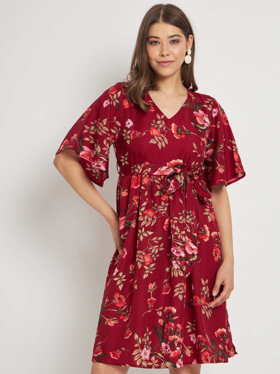 

CUFFS N LASHES Floral Printed Flared Sleeves Fit & Flare Dress, Maroon