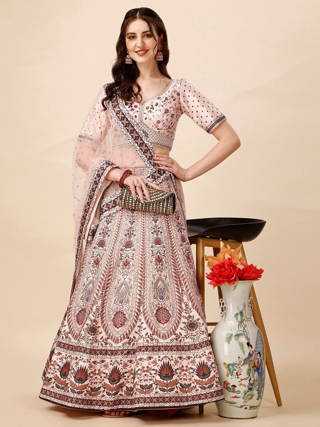

SAPTRANGI Ethnic Motifs Printed Beads and Stones Ready to Wear Lehenga & Blouse & Dupatta, Pink
