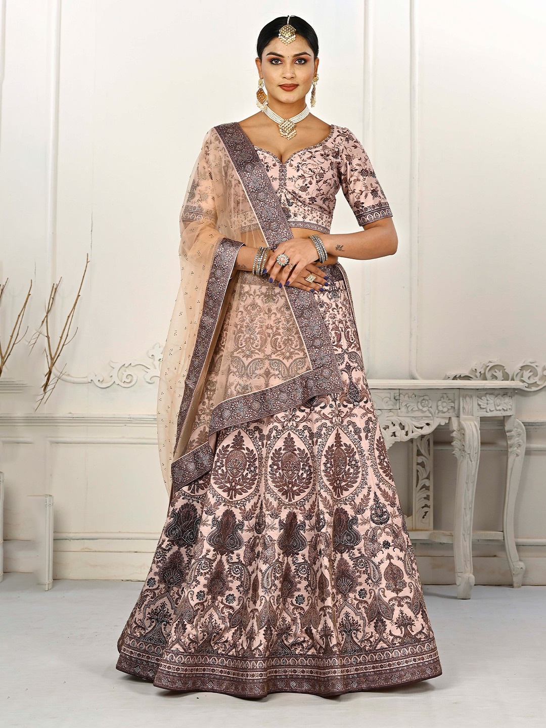 

SAPTRANGI Ethnic Motifs Printed Beads and Stones Ready to Wear Lehenga & Blouse & Dupatta, Peach