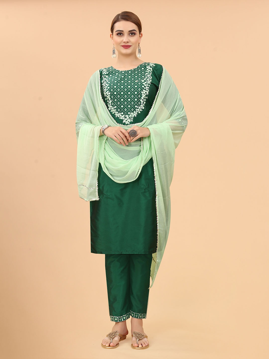 

PERFECTBLUE Embroidered Mirror Work Kurta with Trousers & With Dupatta, Green