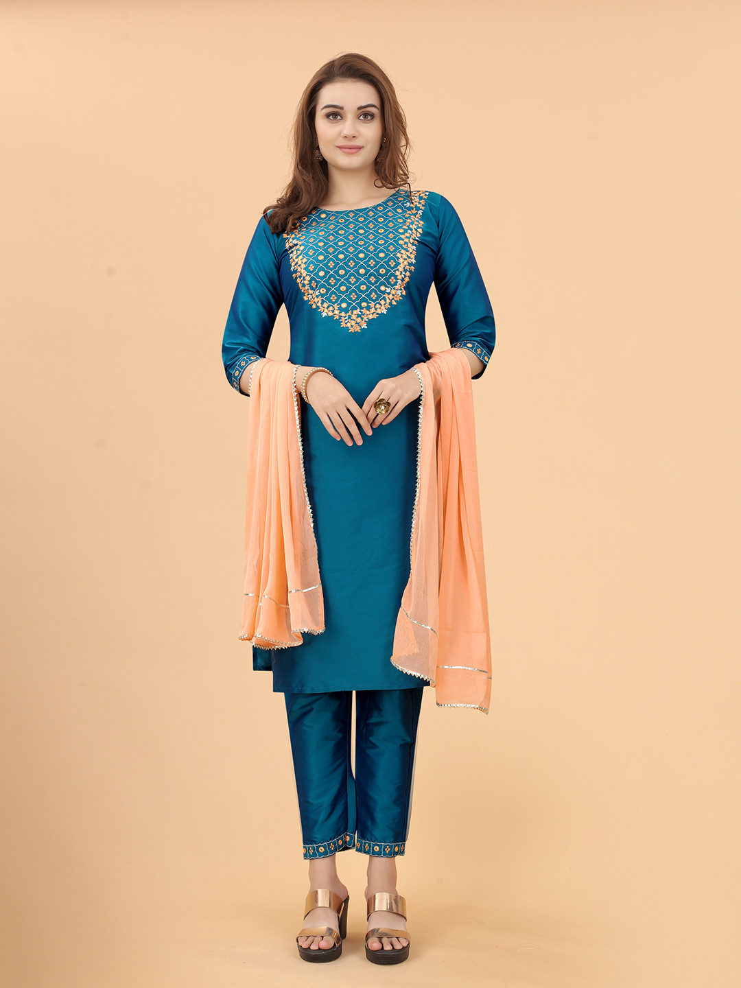 

PERFECTBLUE Ethnic Motifs Yoke Design Mirror Work Kurta With Trouser & Dupatta, Blue