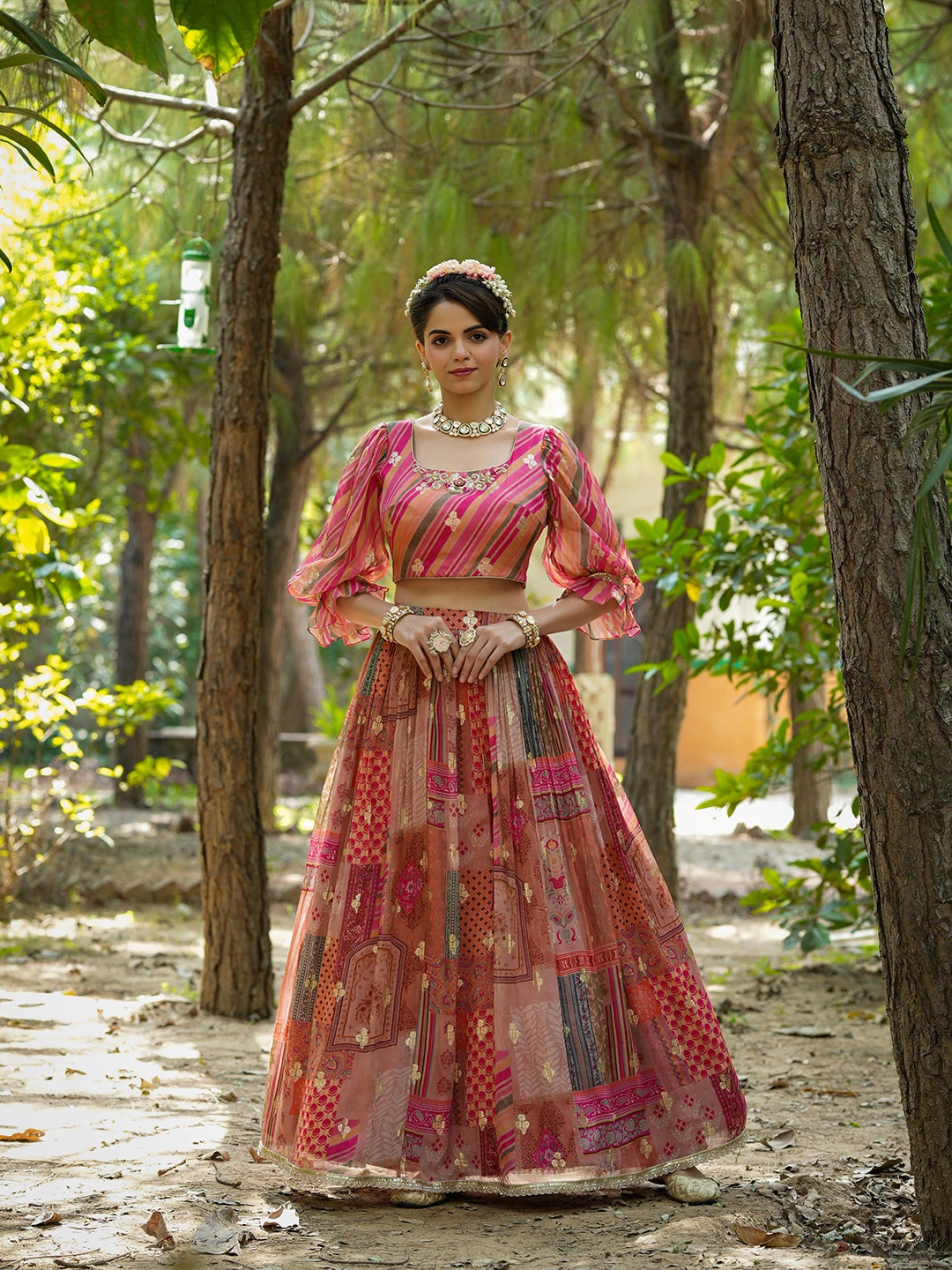 

SCAKHI Embeliished Floral Foil Print Puff Sleeves Ready to Wear Lehenga & Blouse, Brown