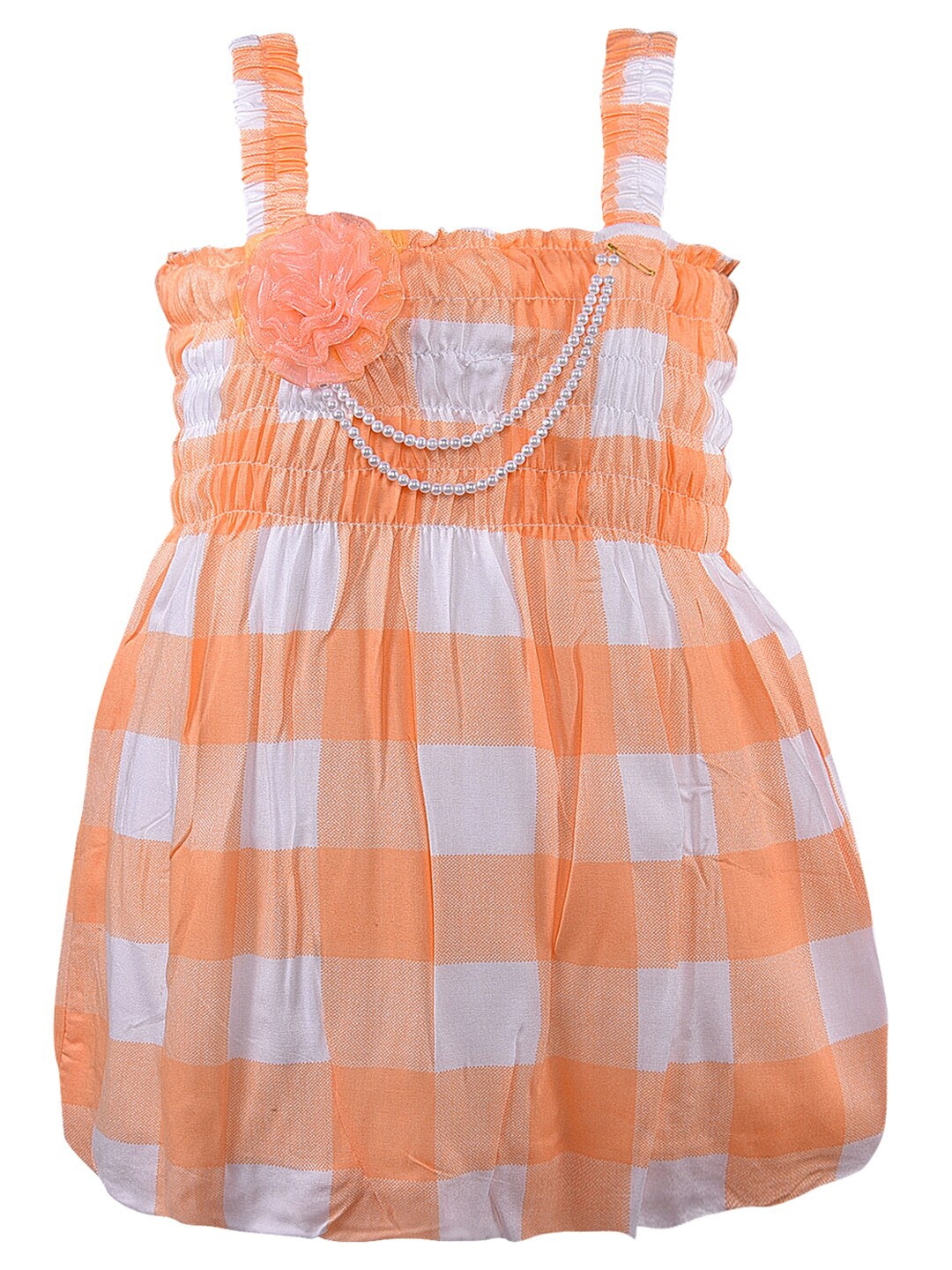 

Wish Karo Girls Checked Shoulder Straps Smocked A-Line Dress, Orange