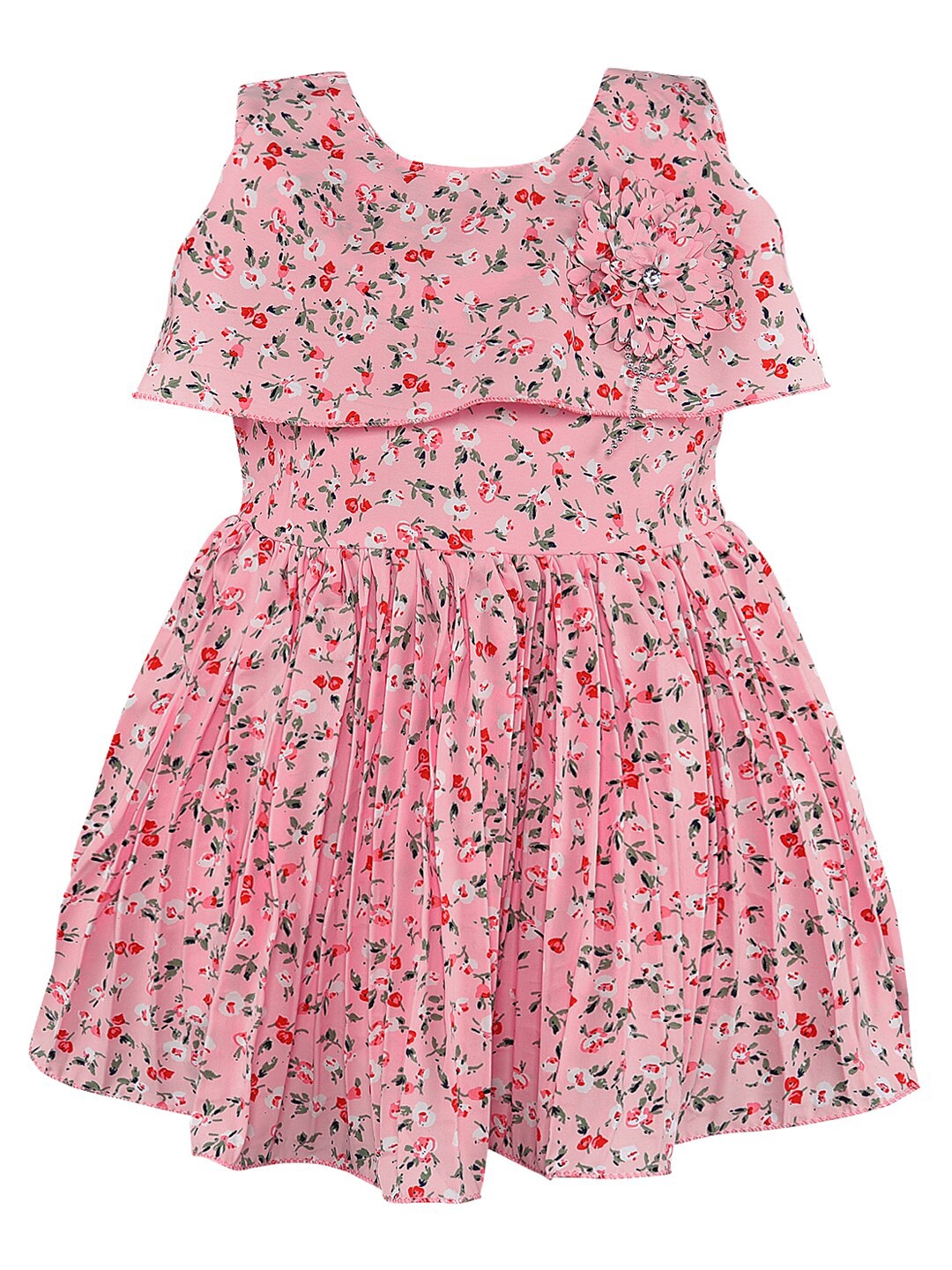 Wish Karo Girls Floral Printed Round Neck Georgette Fit & Flare Dress, Pink
