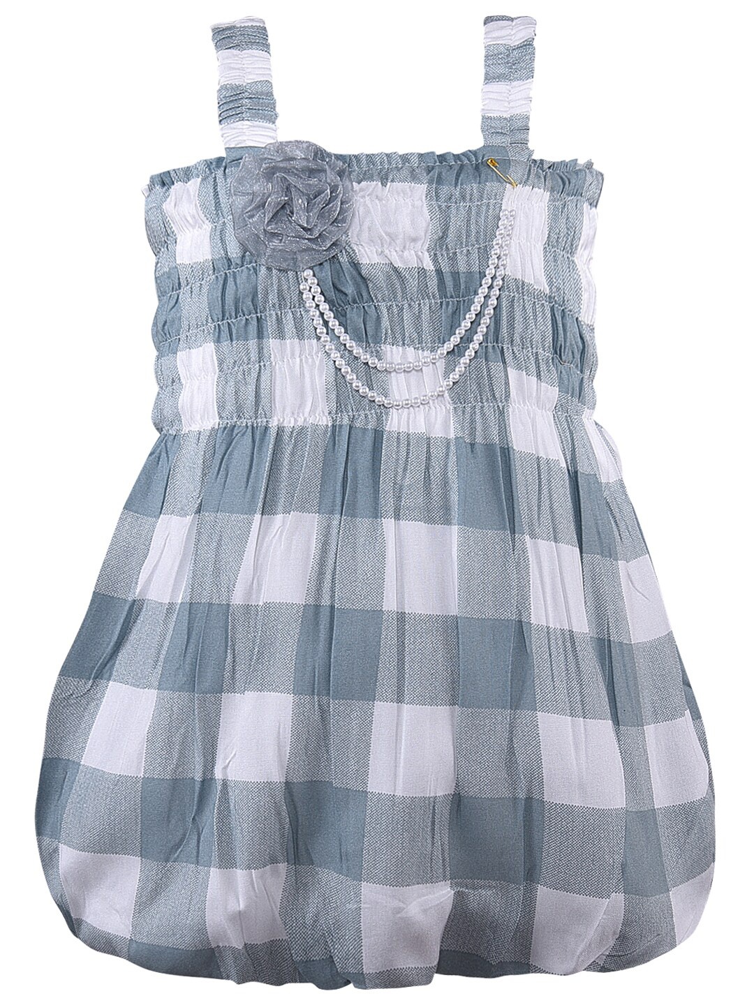 

Wish Karo Girls Checked Shoulder Straps Smocked A-Line Dress, Grey