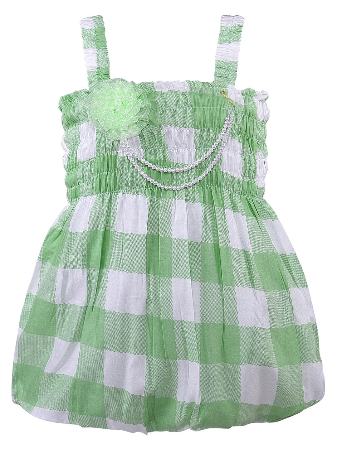 

Wish Karo Girls Checked Shoulder Straps Smocked A-Line Dress, Green