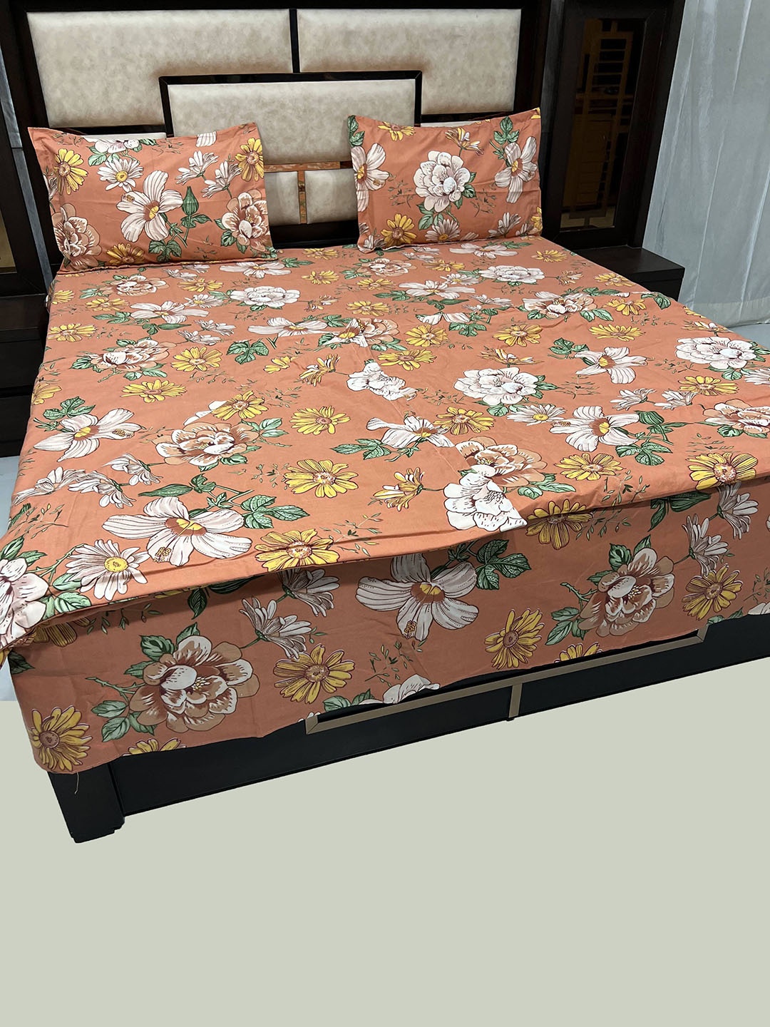 

Pure Decor Orange-Coloured & White Floral Printed 250 TC Double King Bed Bedding Set