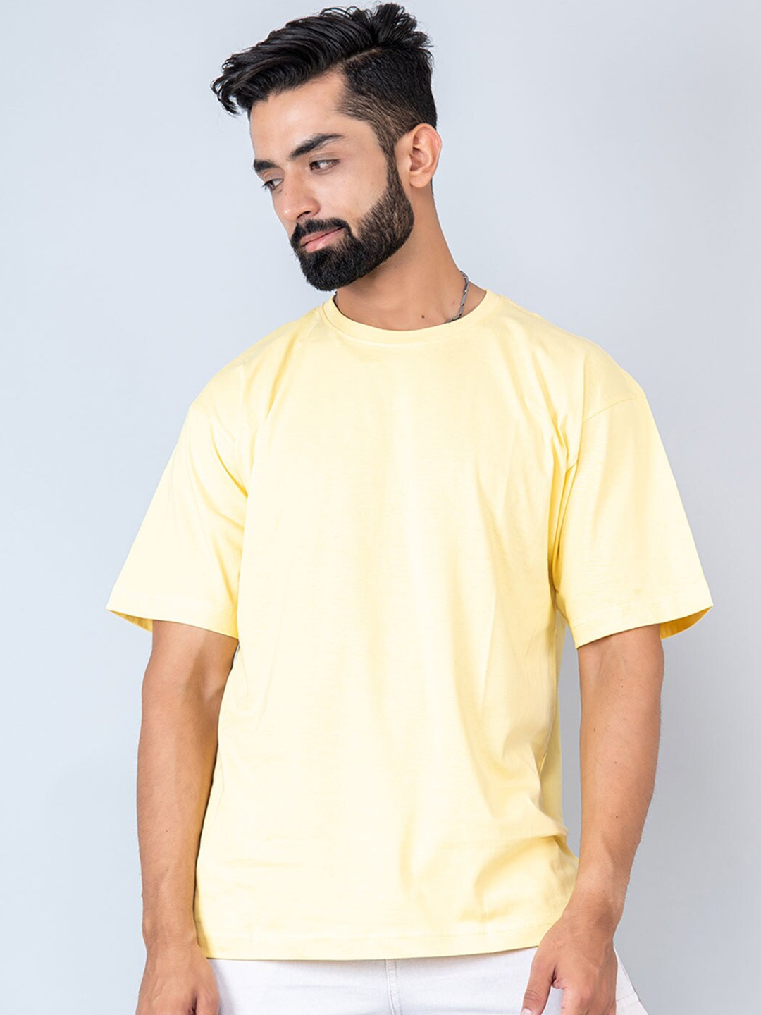 

Tistabene Round Neck Loose Fit Drop Shoulder Sleeves Cotton Casual T-shirt, Yellow