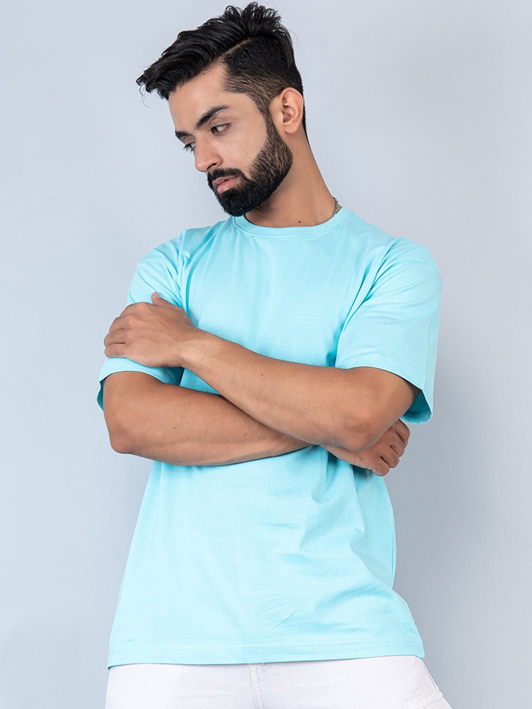 

Tistabene Round Neck Loose Fit Drop Shoulder Sleeves Cotton Casual T-shirt, Blue