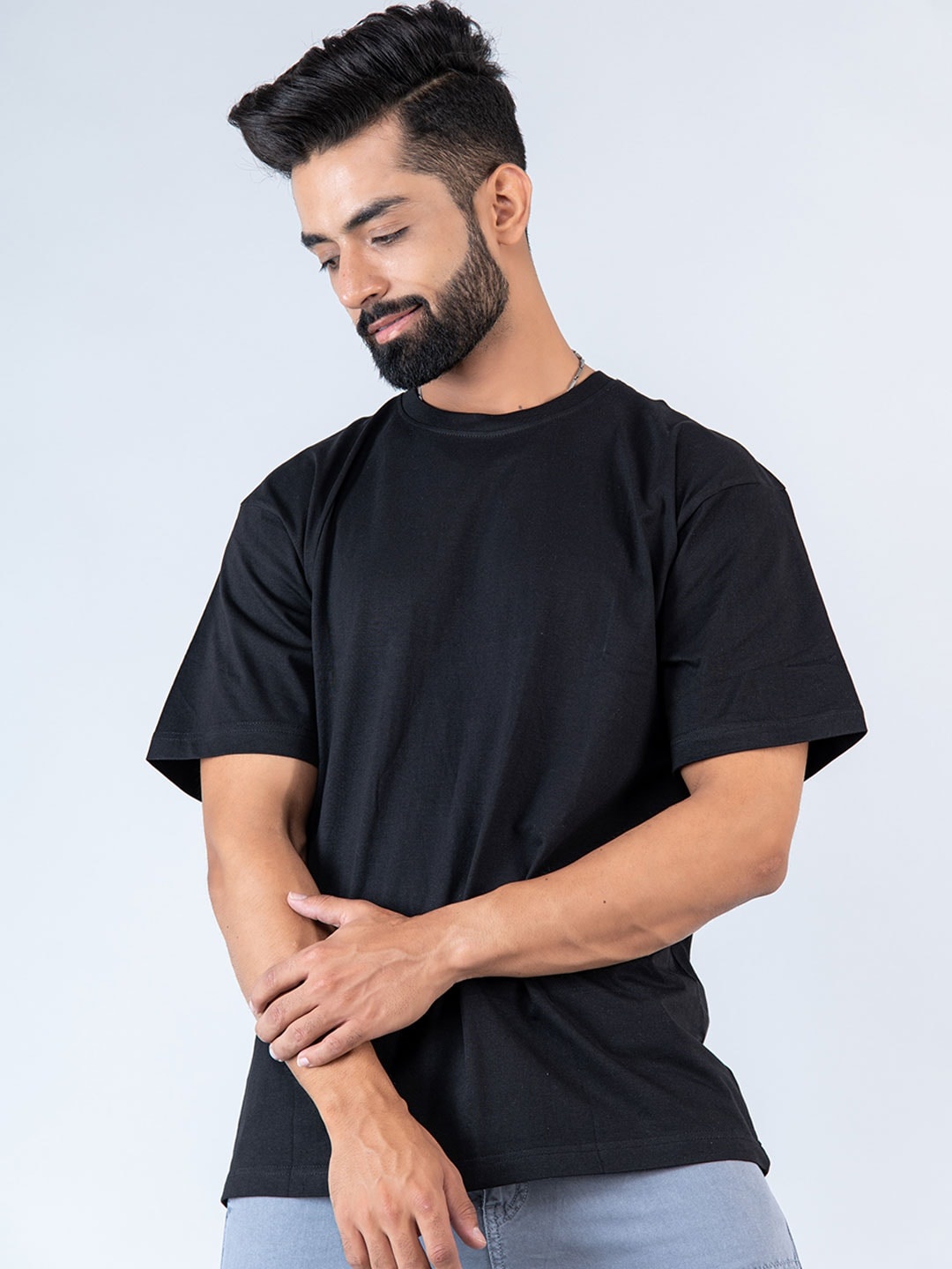 

Tistabene Round Neck Loose Fit Drop Shoulder Sleeves Cotton Casual T-shirt, Black