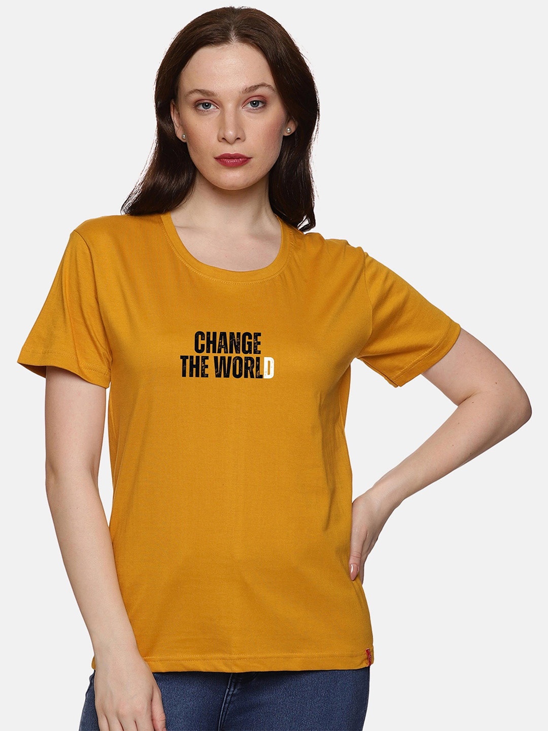 

NOT YET by us Typography Printed Round Neck Cotton T-shirt, Mustard