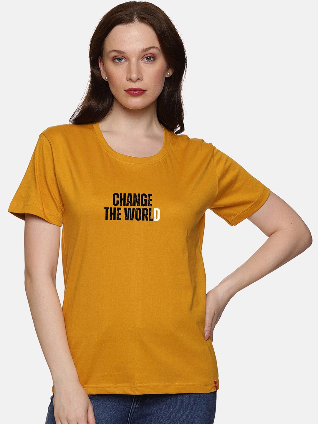

NOT YET by us Typography Printed Round Neck Cotton T-shirt, Mustard