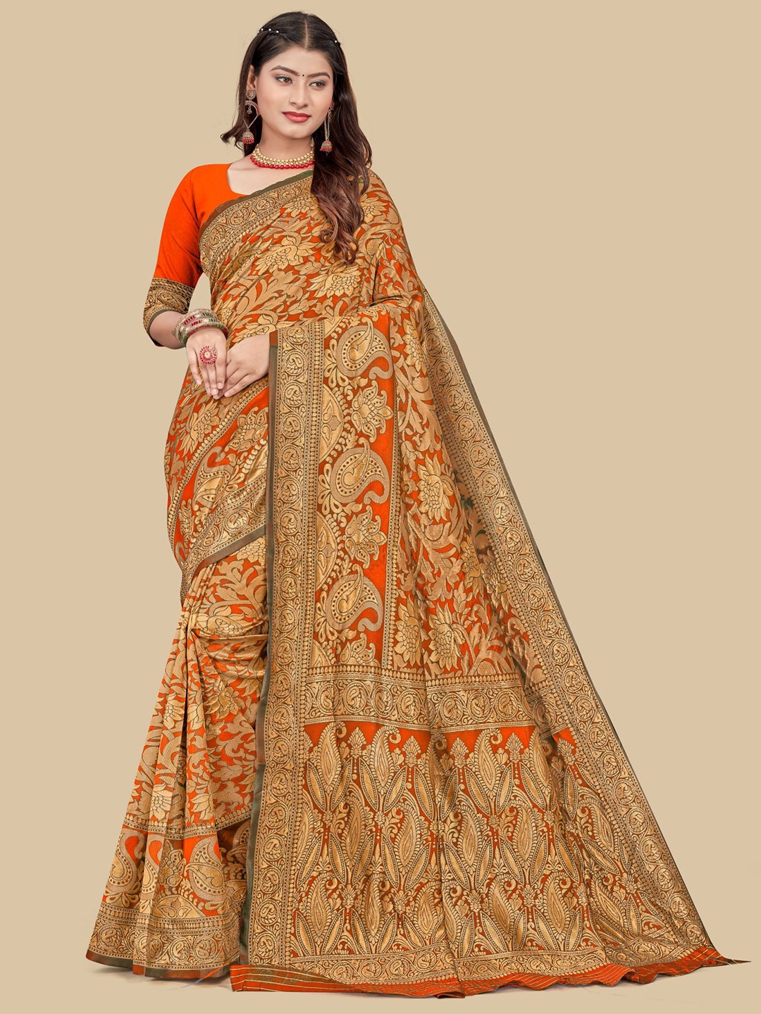 

Dori Paisley Woven Design Art Silk Saree, Orange
