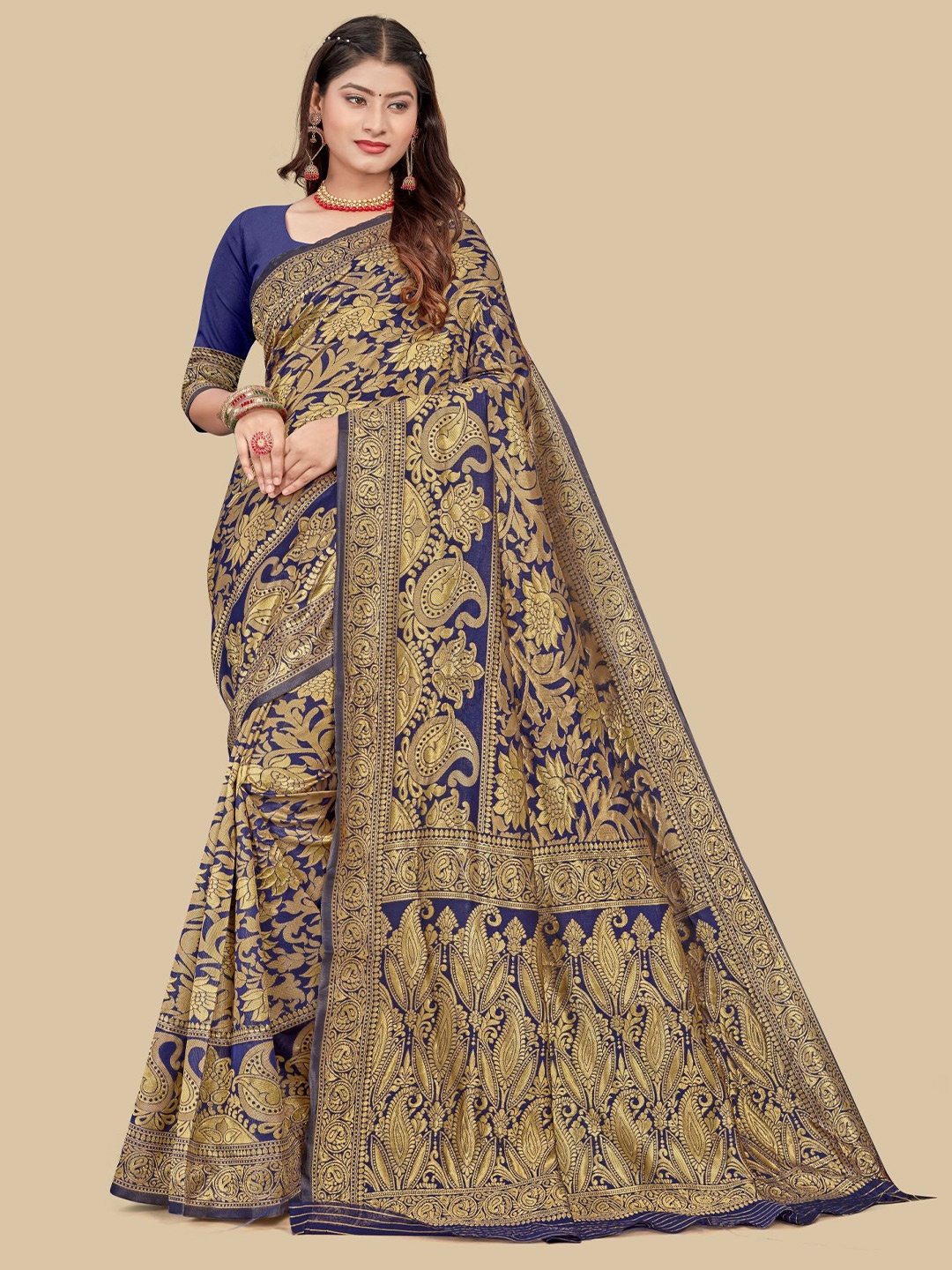 

Dori Paisley Woven Design Art Silk Saree, Navy blue