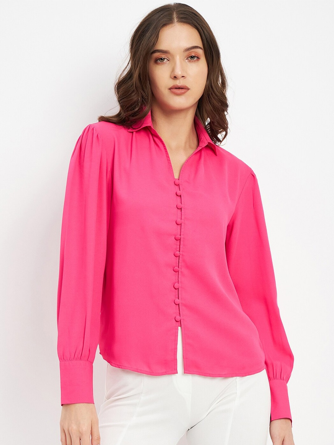 

DELAN Shirt Collar Cuffed Sleeves Shirt Style Top, Pink