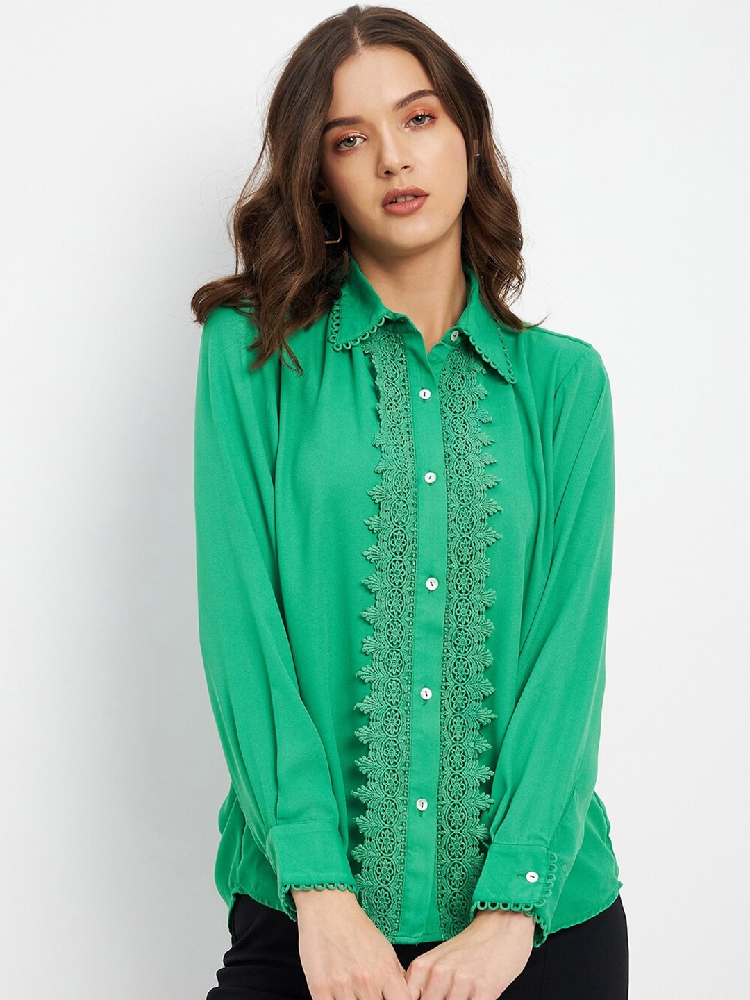

DELAN Shirt Collar Cuffed Sleeves Lace Up Detail Shirt Style Top, Green