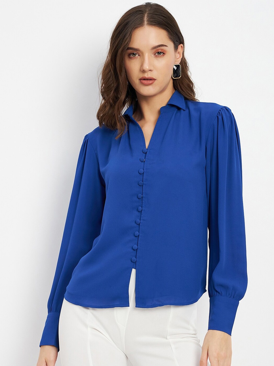 

DELAN Shirt Collar Cuffed Sleeves Shirt Style Top, Blue