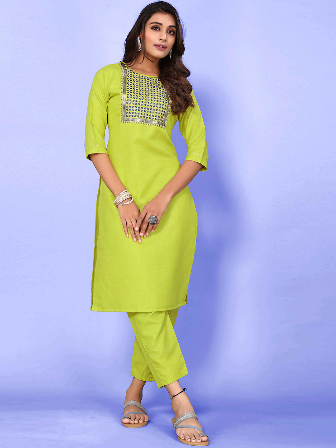 

Happy Design Ethnic Motifs Yoke Design Regular Kurta With Trousers & Dupatta, Green