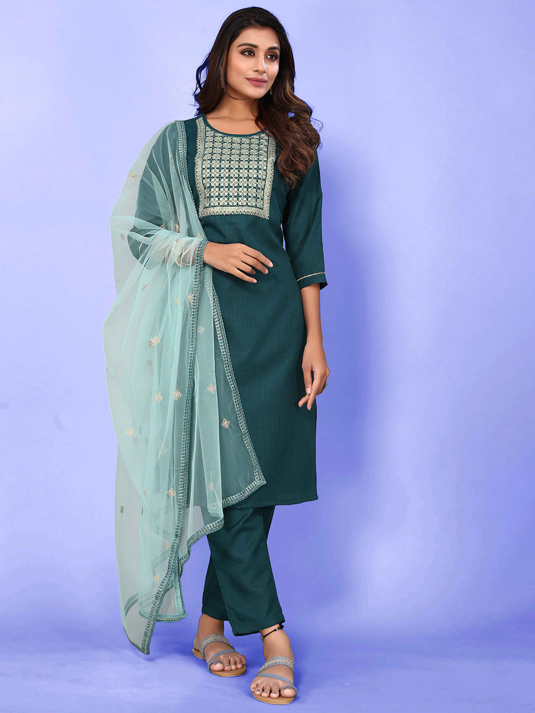 

Happy Design Ethnic Motifs Yoke Design Regular Kurta With Trousers & Dupatta, Teal