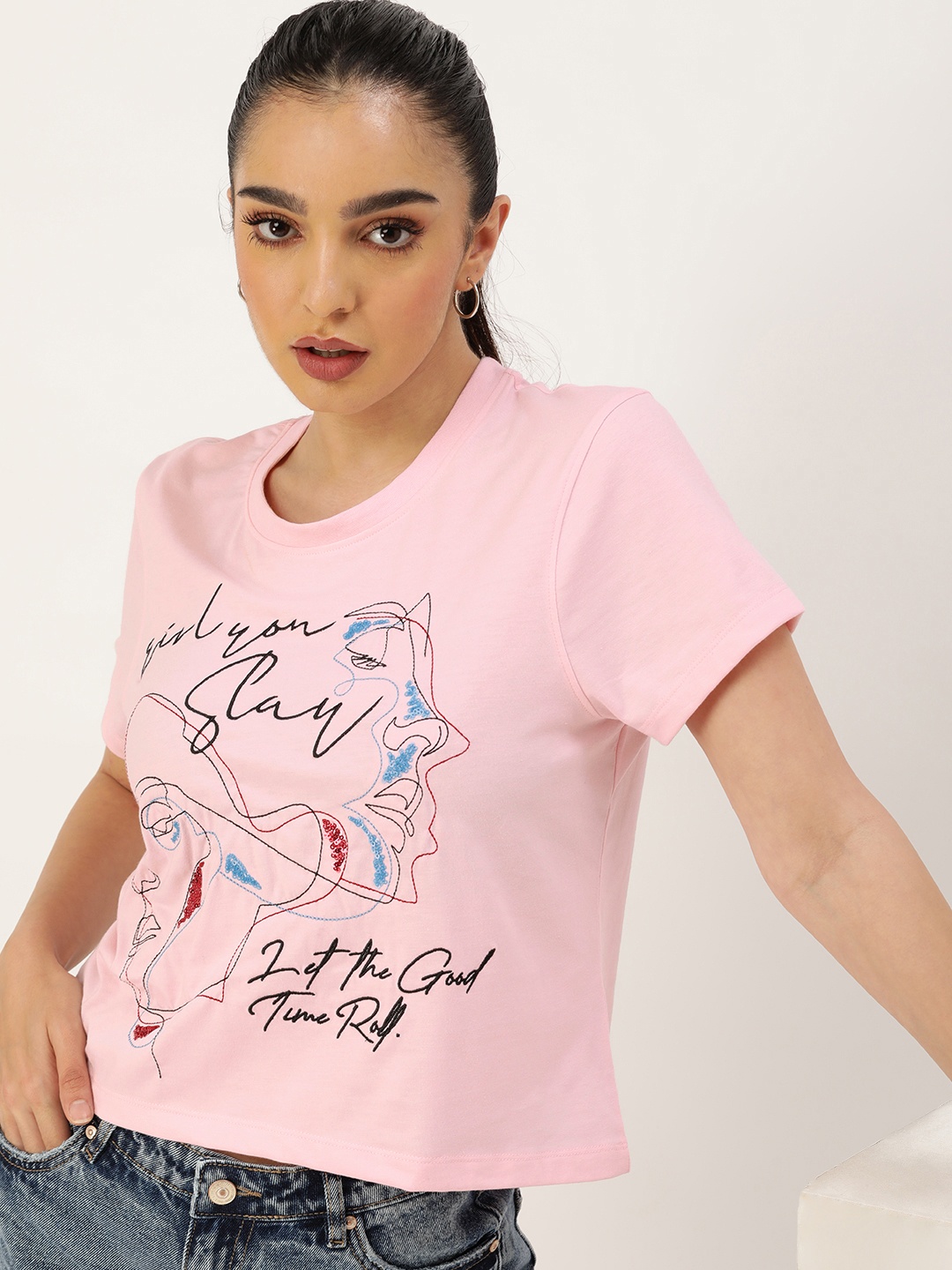 

Kook N Keech Typography Embroidered Sequinned T-shirt, Pink