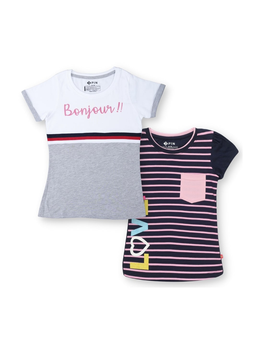 

3PIN Girls Pack Of 2 Typography Printed Pure Cotton T-shirt, White