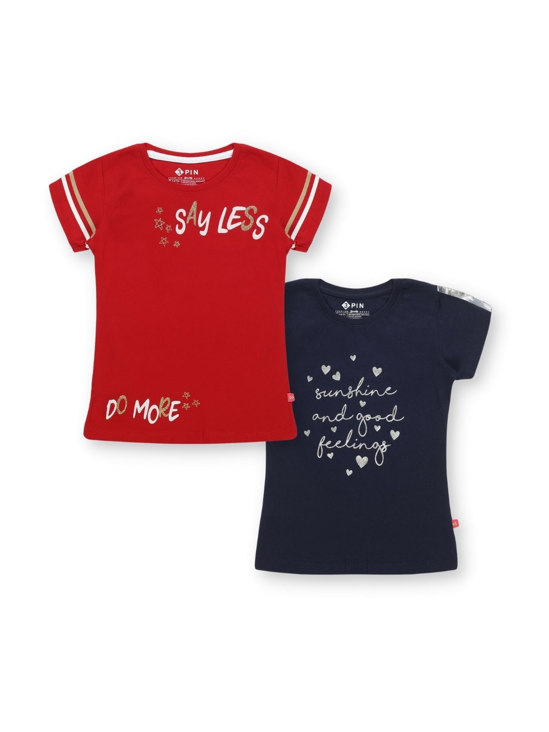 

3PIN Girls Pack Of 2 Typography Printed Pure Cotton T-shirt, Red
