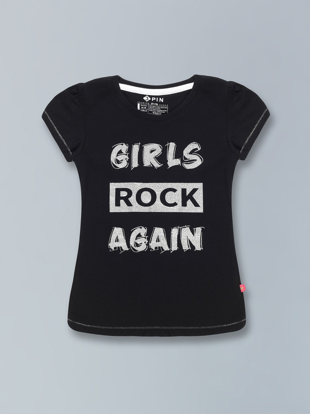 

3PIN Girls Pack Of 2 Typography Printed Pure Cotton T-shirt, Black